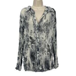 Chicos Button Up Top Size 3 Gray Sheer Floral Crinkle Ruffle Asian Art Inspo XL